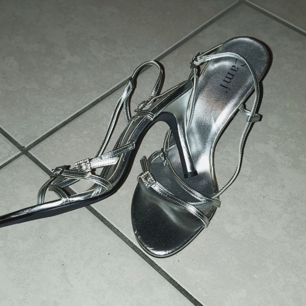 CAMI NYC. Silver,  metallic, stappy heels with rhinestones - brand new